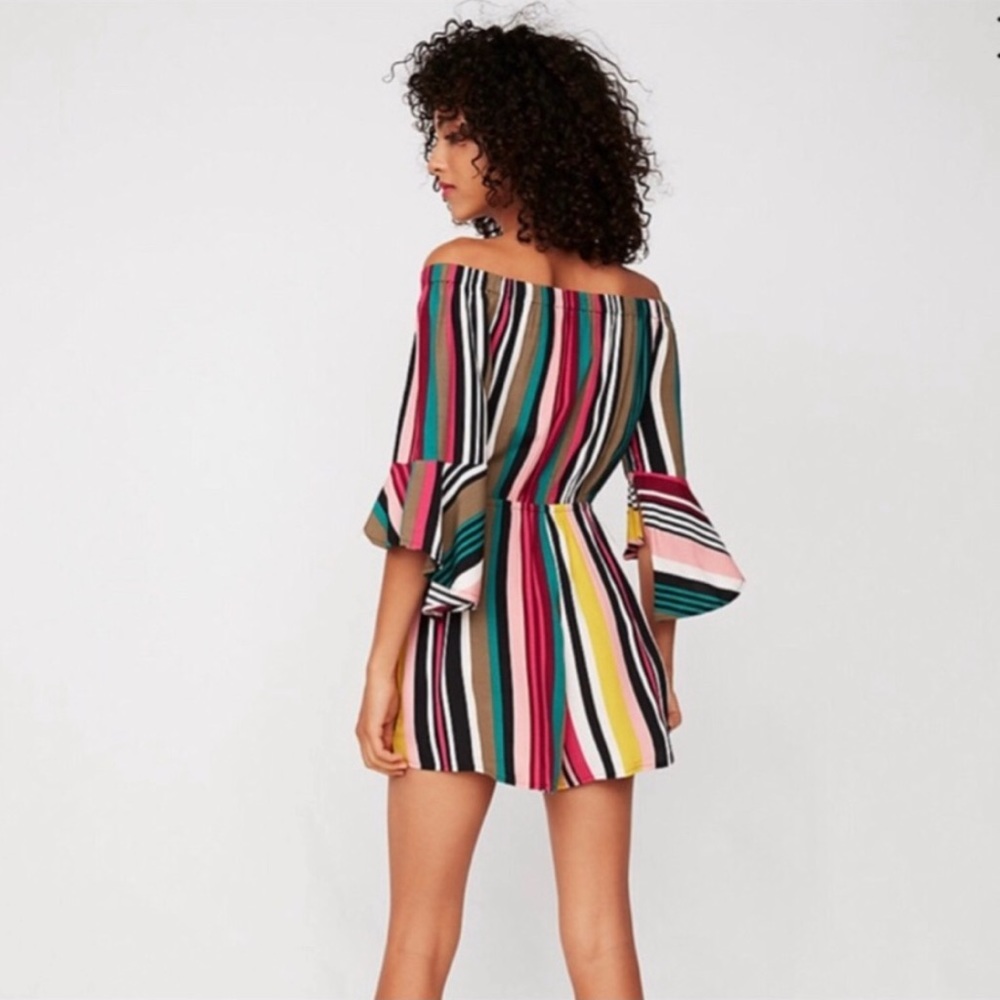 Express Rainbow Off Shoulder Ruffle Romper - Picture 2 of 6
